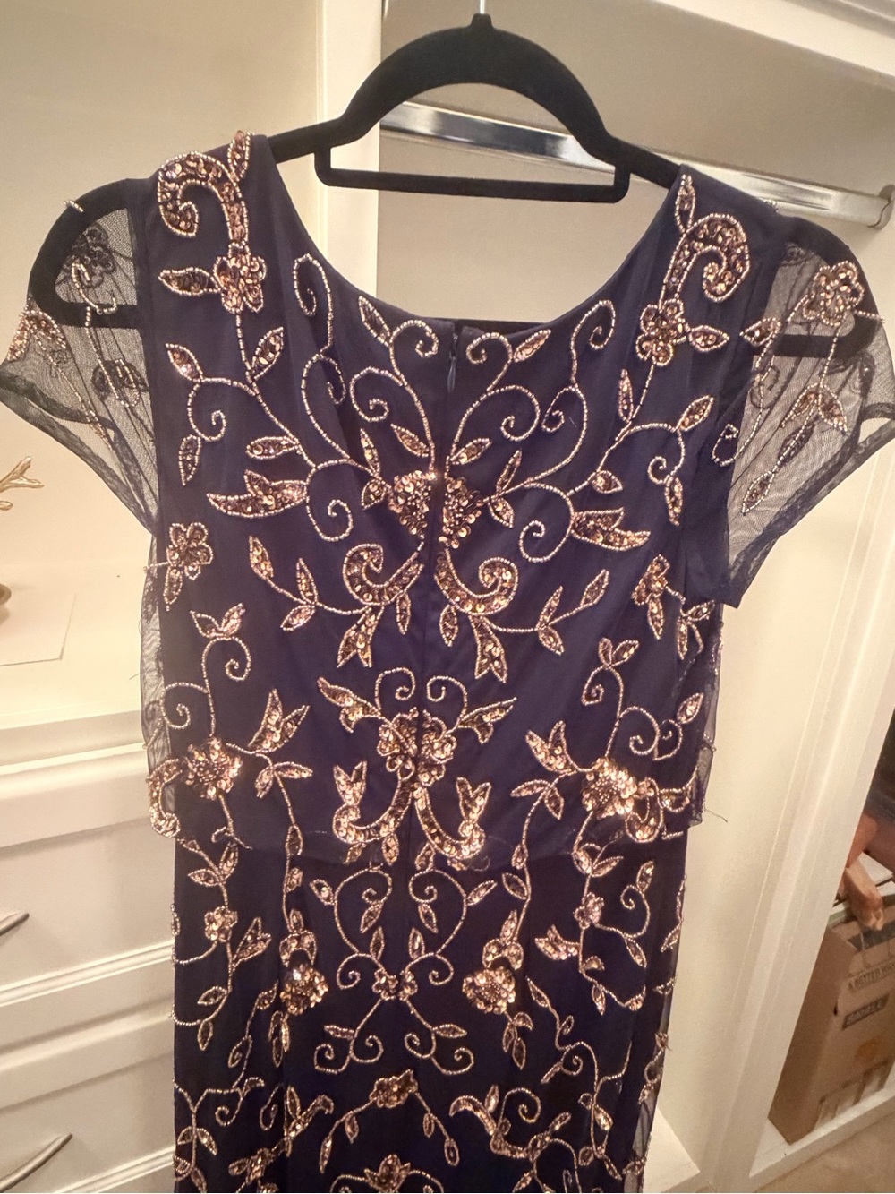 NWOT Papell Studio Navy Blue Dress with Gold Sequin Floral Embroidery
